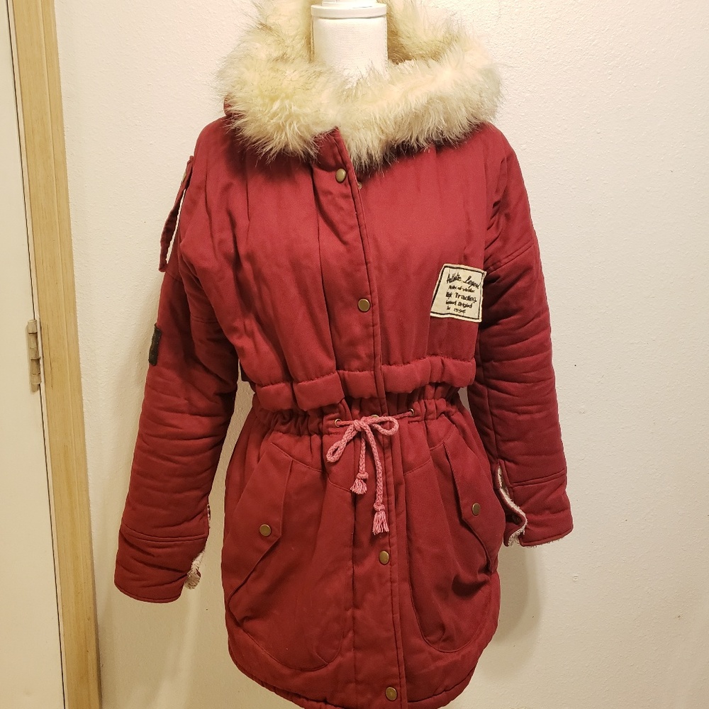 Faux Fur Red Full Zip Up Coat